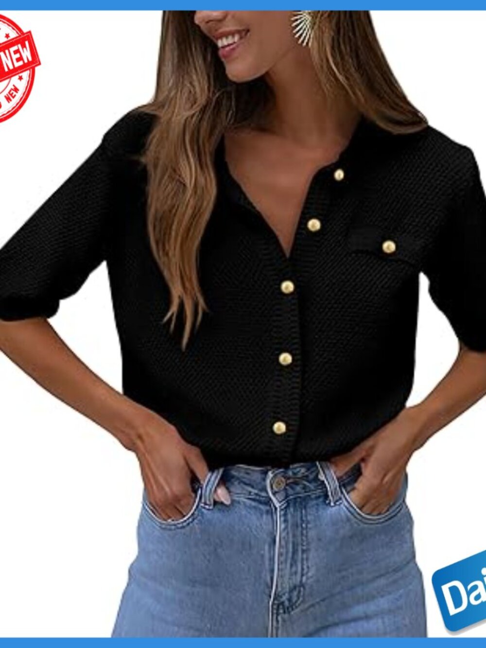 Short Sleeve Button Down Blouse Ribbed Knit Crew Neck Casual Summer Top